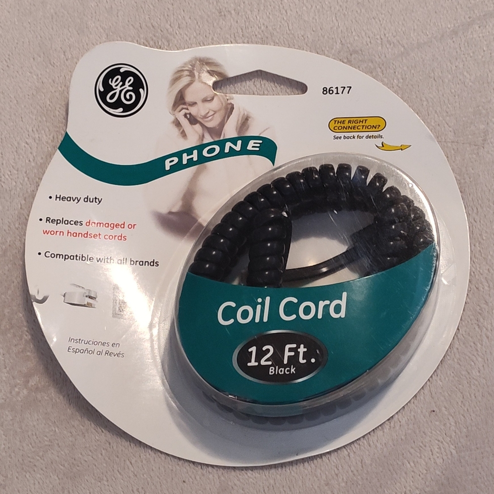 NWT! GE (General Electric) Black Coil Cord for Phones - 12 Ft